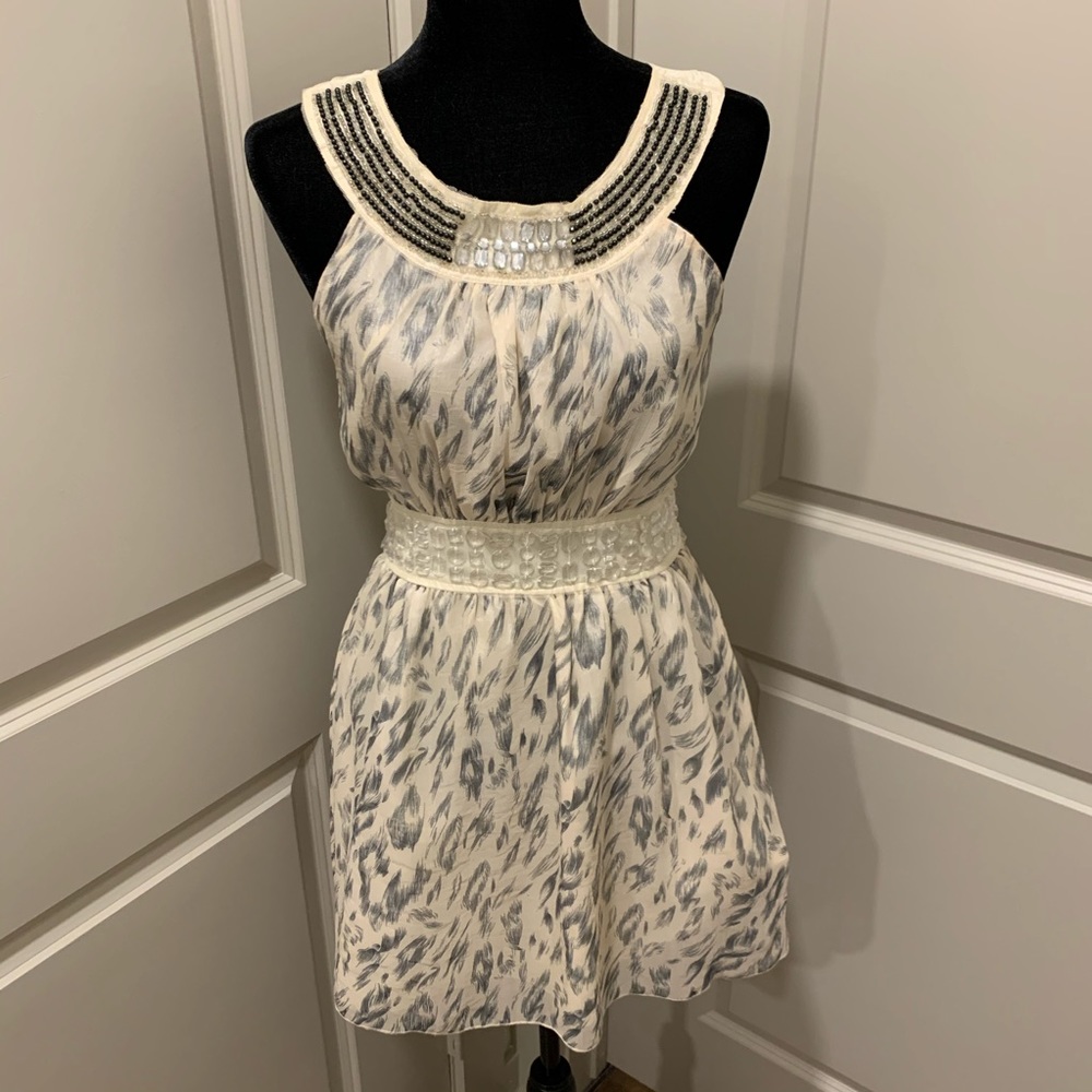 Cream and Gray Leopard Print Dress with Beads